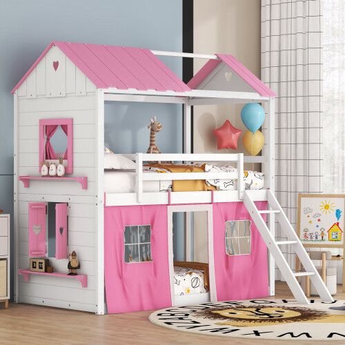Wood house bunk bed - bed, w/tent